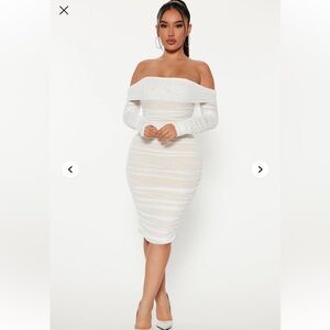 BNWOT FashionNova Ready In A Ruched Off Shoulder Midi Dress - White